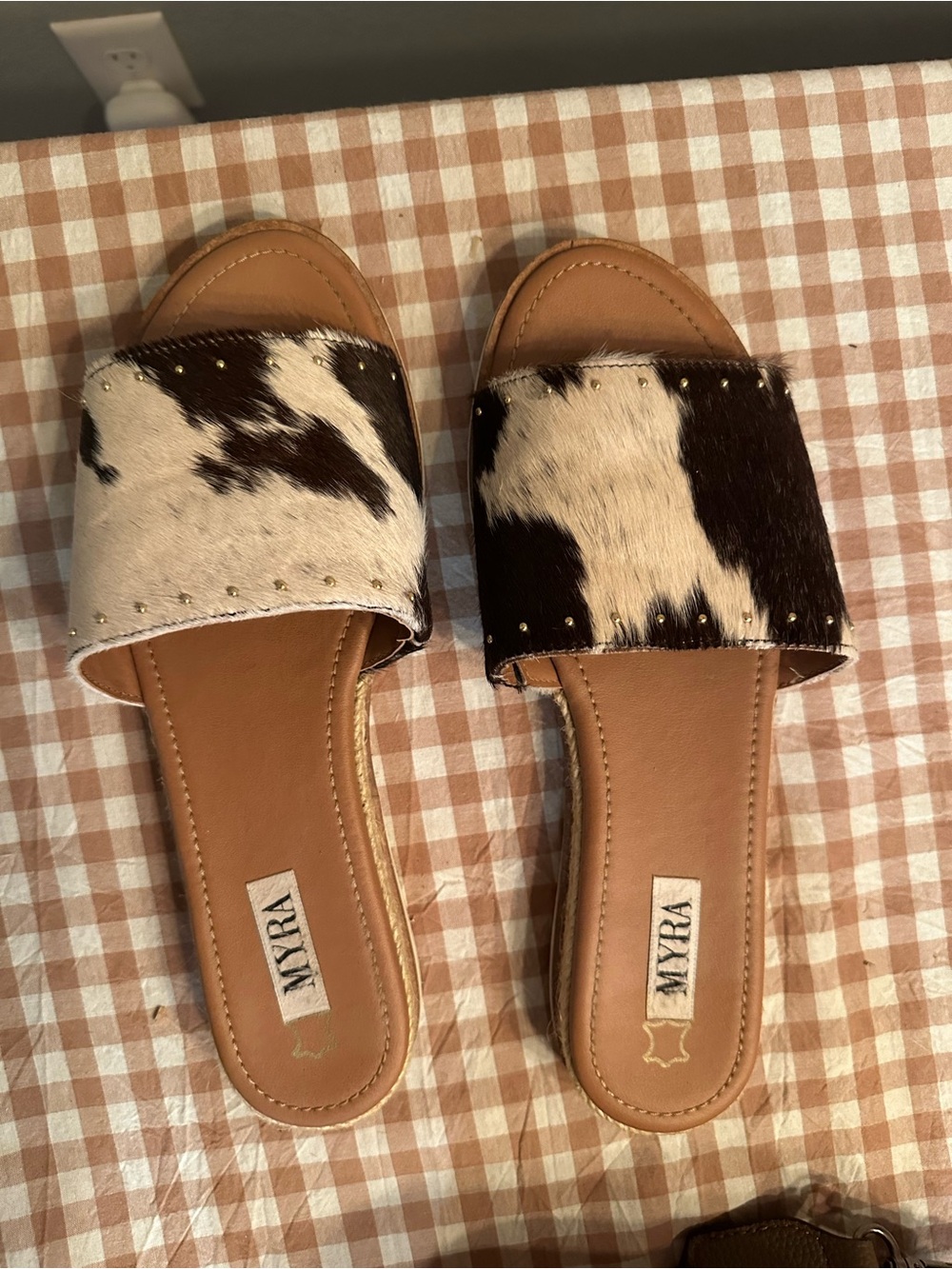 Myra Bag Brown and White Cowhide Slide Sandals with Stud Accents